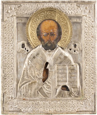 Auktion 138<br>IKONE MIT DEM HEILIGEN NIKOLAUS VON MYRA MIT OKLAD