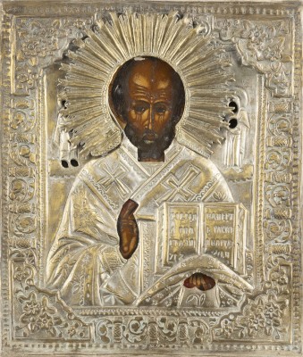 Auktion 138<br>IKONE MIT DEM HEILIGEN NIKOLAUS VON MYRA MIT OKLAD