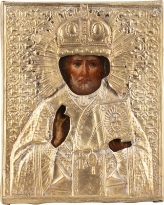 Auktion 138<br>KLEINE IKONE MIT DEM HEILIGEN NIKOLAUS VON MYRA MIT OKLAD