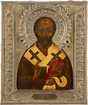 Auktion 138<br>IKONE MIT DEM HEILIGEN NIKOLAUS VON MYRA MIT RIZA