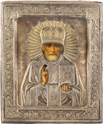 Auktion 138<br>IKONE MIT DEM HEILIGEN NIKOLAUS VON MYRA MIT OKLAD