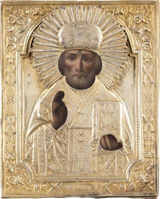 Auktion 138<br>KLEINE IKONE MIT DEM HEILIGEN NIKOLAUS VON MYRA MIT OKLAD
