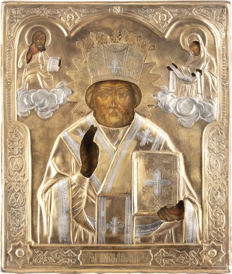 Auktion 138<br>IKONE MIT DEM HEILIGEN NIKOLAUS VON MYRA MIT EINEM VERMEIL-OKLAD