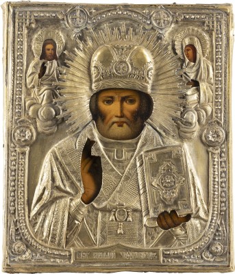 Auction 138<br>IKONE MIT DEM HEILIGEN NIKOLAUS VON MYRA MIT OKLAD