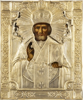 Auction 138<br>IKONE MIT DEM HEILIGEN NIKOLAUS VON MYRA MIT OKLAD
