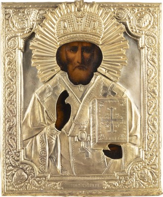 Auction 138<br>IKONE MIT DEM HEILIGEN NIKOLAUS VON MYRA MIT OKLAD