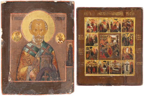 Auction 138<br>ZWEI IKONEN: HEILIGER NIKOLAUS VON MYRA UND FESTTAGSIKONE