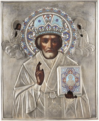 Auction 138<br>IKONE MIT DEM HEILIGEN NIKOLAUS VON MYRA MIT CLOISONNÉ-EMAIL-OKLAD