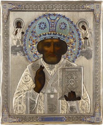 Auction 138<br>IKONE MIT DEM HEILIGEN NIKOLAUS VON MYRA MIT CLOISONNÉ-EMAIL-OKLAD