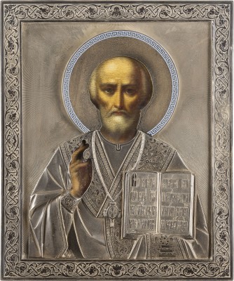 Auktion 138<br>IKONE MIT DEM HEILIGEN NIKOLAUS VON MYRA MIT CHAMPLEVÉ-EMAIL-OKLAD