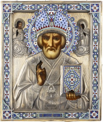 Auktion 138<br>IKONE MIT DEM HEILIGEN NIKOLAUS DEM WUNDERTÄTER MIT CLOISONNÉ-EMAIL-OKLAD