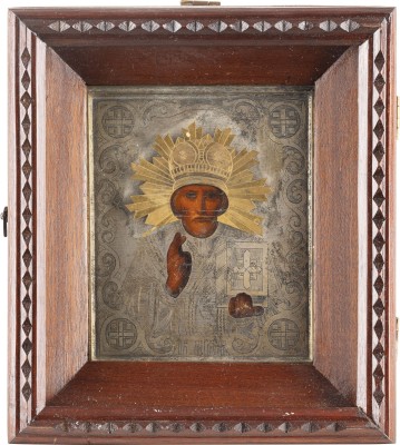 Auktion 138<br>KLEINE IKONE MIT DEM HEILIGEN NIKOLAUS VON MYRA MIT OKLAD IM KIOT