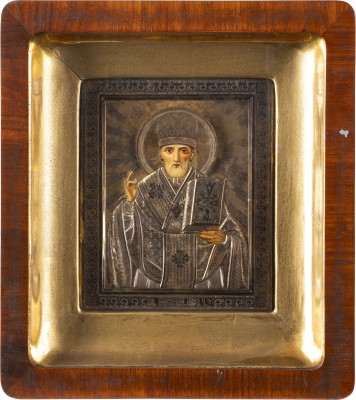 Auktion 138<br>KLEINE IKONE MIT DEM HEILIGEN NIKOLAUS VON MYRA MIT SILBER-OKLAD IM KIOT