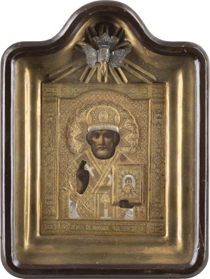 Auktion 138<br>KLEINE IKONE MIT DEM HEILIGEN NIKOLAUS VON MYRA MIT OKLAD IM KIOT