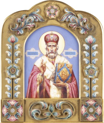 Auktion 138<br>IKONE MIT DEM HEILIGEN NIKOLAUS VON MYRA MIT CHAMPLEVÉ-EMAIL-RAHMEN IM ETUI