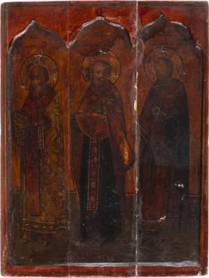 Auktion 138<br>IKONE MIT DEN HEILIGEN GREGOR DEM GROSSEN, NIKOLAUS VON MYRA UND LAURENTIUS