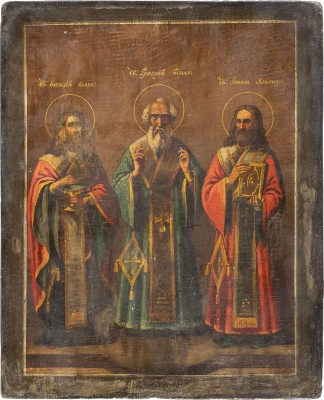 Auktion 138<br>IKONE MIT DEN DREI HIERARCHEN BASILIUS DEM GROSSEN, GREGOR DEM THEOLOGEN UND JOHANNES CHRYSOSTOMUS