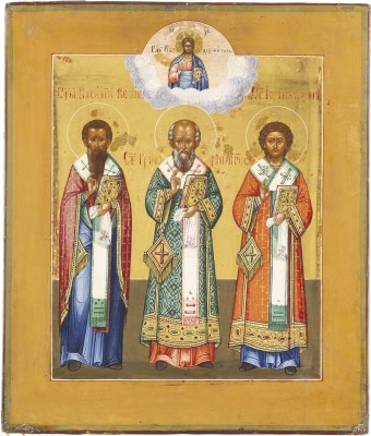 Bild IKONE MIT DEN DREI HEILIGEN HIERARCHEN BASILIOS DEM GROSSEN, GREGORIOS DEM THEOLOGEN UND JOHANNES CHRYSOSTOMUS