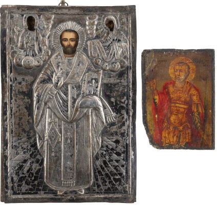 Auktion 138<br>ZWEI IKONEN: KLEINE IKONE MIT DEM HEILIGEN EUSTRACHIOS UND HEILIGER NIKOLAUS VON MYRA MIT SILBER-OKLAD