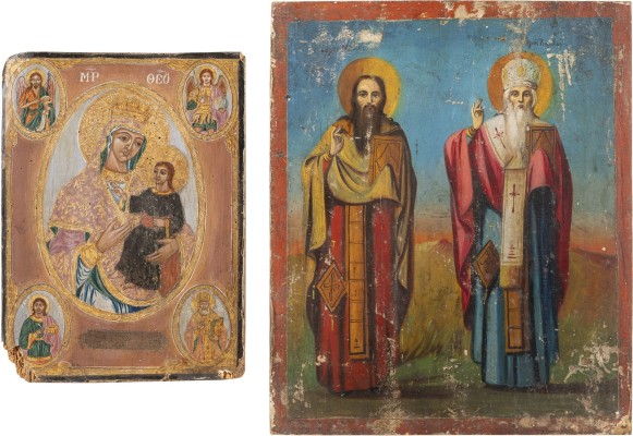 Picture ZWEI GROSSE IKONEN MIT DER GOTTESMUTTER UND AUSGEWÄHLTEN HEILIGEN SOWIE DEN HEILIGEN METHODIUS UND KYRILL