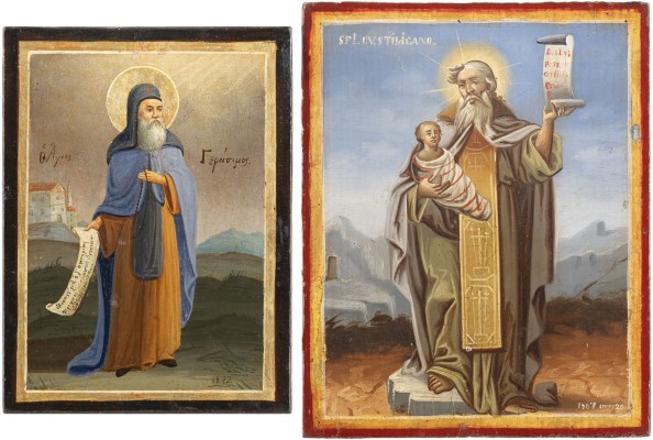 Auction 138<br>ZWEI KLEINE DATIERTE IKONEN MIT DEN HEILIGEN GERASIMOS UND STYLIANOS
