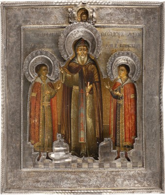 Bild IKONE MIT DEM HEILIGEN FEODOR VON JAROSLAWL MIT SEINEN SÖHNEN KONSTANTIN UND DAVID MIT SILBER-RIZA
