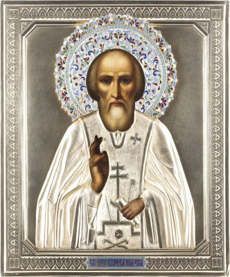 Picture IKONE MIT DEM HEILIGEN SERGEJ VON RADONESCH MIT CLOISONNÉ-EMAIL-OKLAD