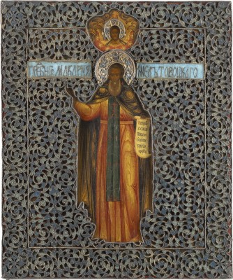 Auction 138<br>SEHR FEINE IKONE MIT DEM HEILIGEN MAKARIJ VON ZELTYE VODY UND DER UNZA MIT CLOISONNÉ-EMAIL-RIZA
