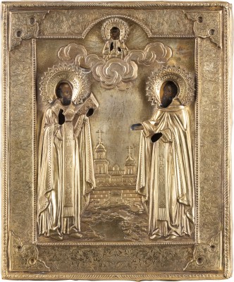 Auction 138<br>IKONE MIT DEN HEILIGEN NIKOLAUS VON MYRA UND SERGEJ VON RADONESCH MIT OKLAD