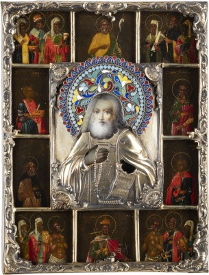 Auction 138<br>KLEINE UND SELTENE IKONE MIT DEM HEILIGEN SERGEJ VON RADONESCH UND HEILIGEN MIT VERMEIL-OKLAD