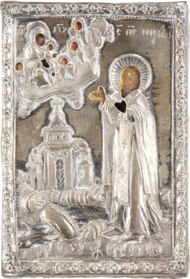 Auktion 138<br>FEINE MINIATUR-IKONE MIT DEM HEILIGEN NIL STOLOBENSKIJ MIT SILBER-OKLAD