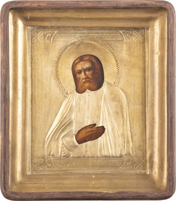 Picture IKONE MIT DEM HEILIGEN SERAFIM VON SAROW MIT OKLAD IM KIOT