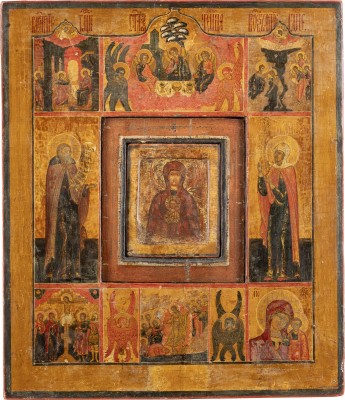 Auction 138<br>GROSSE IKONE MIT DER GOTTESMUTTER DES ZEICHENS (ZNAMENIE) IM IKONENRAHMEN MIT FESTTAGEN UND HEILIGEN