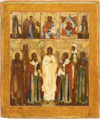 Auction 138<br>MEHRFELDER-IKONE MIT CHRISTUS PANTOKRATOR, GNADENBILDERN DER GOTTESMUTTER UND AUSGEWÄHLTEN HEILIGEN