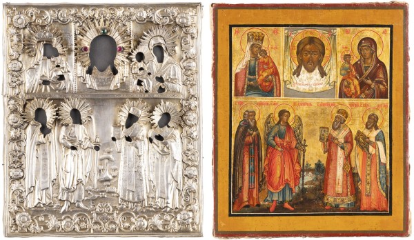 Auktion 138<br>MEHRFELDER-IKONE MIT DEM MANDYLION, GNADENBILDERN DER GOTTESMUTTER UND AUSGEWÄHLTEN HEILIGEN MIT SILBER-OKLAD