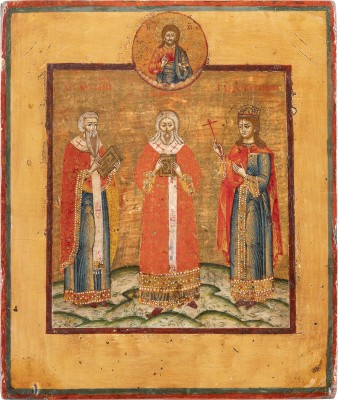 Auktion 138<br>KLEINE IKONE MIT DEN HEILIGEN BLASIUS, MEDOSTUS UND KATHARINA