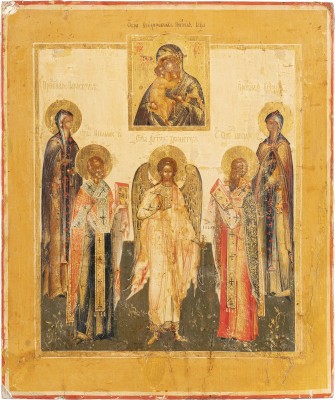 Auktion 138<br>FEINE IKONE MIT DEM SCHUTZENGEL UND VIER HEILIGEN MIT DER GOTTESMUTTER FEODOROWSKAJA