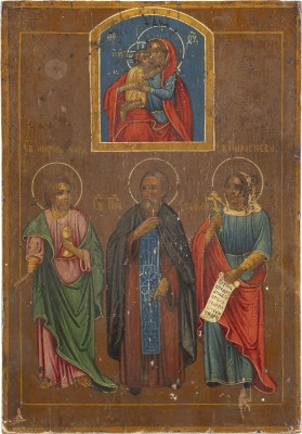 Auktion 138<br>IKONE MIT DER GOTTESMUTTER 'AUFFINDEN DER VERLORENEN' UND DEN HEILIGEN MARIA MAGDALENA, STEFAN UND PARASKEWA