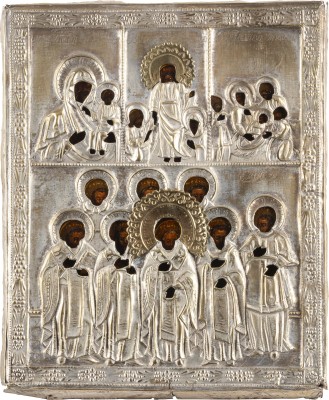 Auktion 138<br>VIERFELDERIKONE MIT DER GOTTESMUTTER VON SMOLENSK, DER HÖLLENFAHRT CHRISTI, DER GEBURT CHRISTI UND HEILIGEN MIT OKLAD