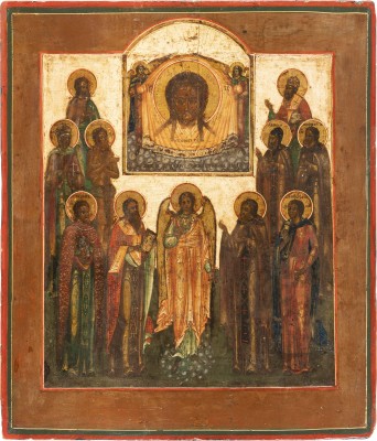 Auction 138<br>PATRONATSIKONE MIT DEM SCHUTZENGEL, ZEHN HEILIGEN UND DEM MANDYLION