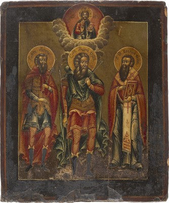 Auktion 138<br>IKONE MIT DEN HEILIGEN NIKITA, ANDREAS STRATELATES UND BASILIUS DEM GROSSEN