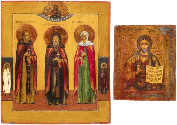 Auktion 138<br>ZWEI IKONEN: CHRISTUS PANTOKRATOR UND PATRONATSIKONE MIT DREI HEILIGEN