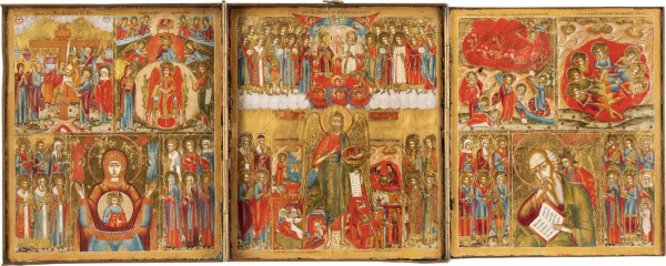 Auktion 138<br>SEHR FEINES TRIPTYCHON MIT JOHANNES DEM VORLÄUFER, GNADENBILDERN DER GOTTESMUTTER UND PROPHETEN