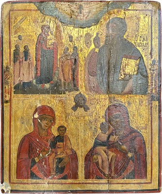 Bild VIERFELDER-IKONE MIT GANDENBILDERN DER GOTTESMUTTER UND DEM HEILIGEN CHARALAMPIOS
