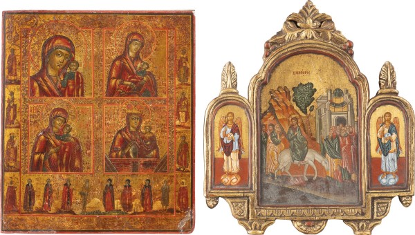 Bild ZWEI IKONEN: MEHRFELDER-IKONE MIT GNADENBILDERN DER GOTTESMUTTER UND HEILIGEN SOWIE EINZUG CHRISTI NACH JERUSALEM