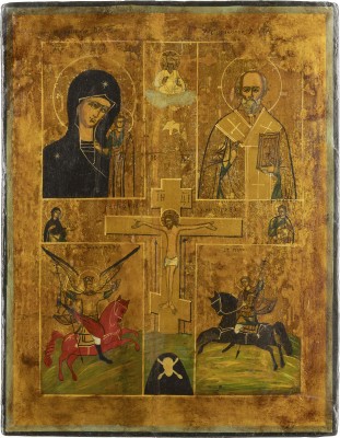 Picture VIERFELDER-IKONE MIT DER KREUZIGUNG, DER GOTTESMUTTER VON KASAN UND DEN HEILIGEN NIKOLAUS, MICHAEL UND GEORG