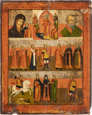 Bild MEHRFELDER-IKONE MIT DER GOTTESMUTTER VON KASAN, DER HADESFAHRT CHRISTI UND AUSGEWÄHLTEN HEILIGEN