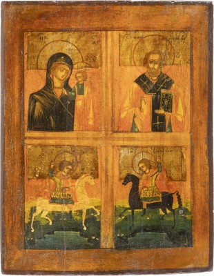 Bild GROSSE VIERFELDER-IKONE MIT DER GOTTESMUTTER VON KASAN SOWIE DEN HEILIGEN NIKOLAUS VON MYRA, GEORG UND DEMETRIUS