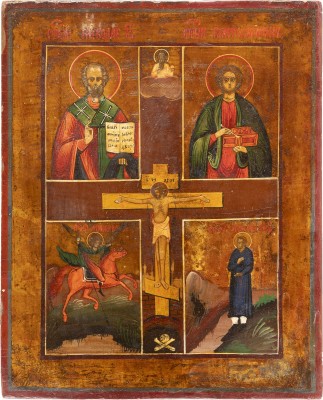 Bild VIERFELDER-IKONE MIT DER KREUZIGUNG UND DIE HEILIGEN PANTELEIMON, DEN ERZENGEL MICHAEL UND SIMEON VON WERCHOTURE