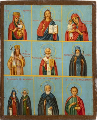Auction 138<br>MEHRFELDER-IKONE MIT CHRISTUS PANTOKRATOR, GNADENBILDERN DER GOTTESMUTTER UND AUSGEWÄHLTEN HEILIGEN